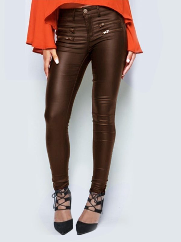 Brown Low Waist Stretch Feet Double Zipper Faux Leather Pants in Pants