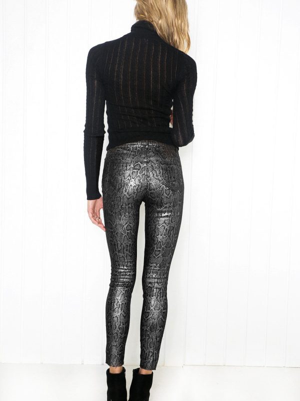 Elastic Coating Silver Snake Pattern Faux Leather Pants in Pants