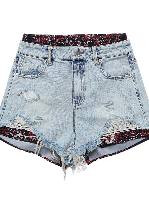Floral Stitching Faux Two Piece Denim Shorts in Shorts