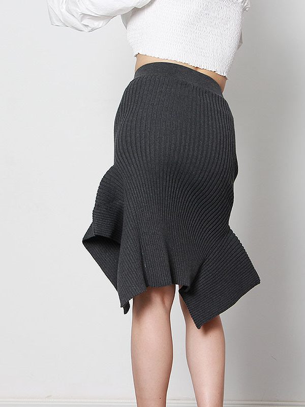 Elegant Mid Length Irregular Asymmetric Elastic High Waist Knitted Hip Skirt in Skirts