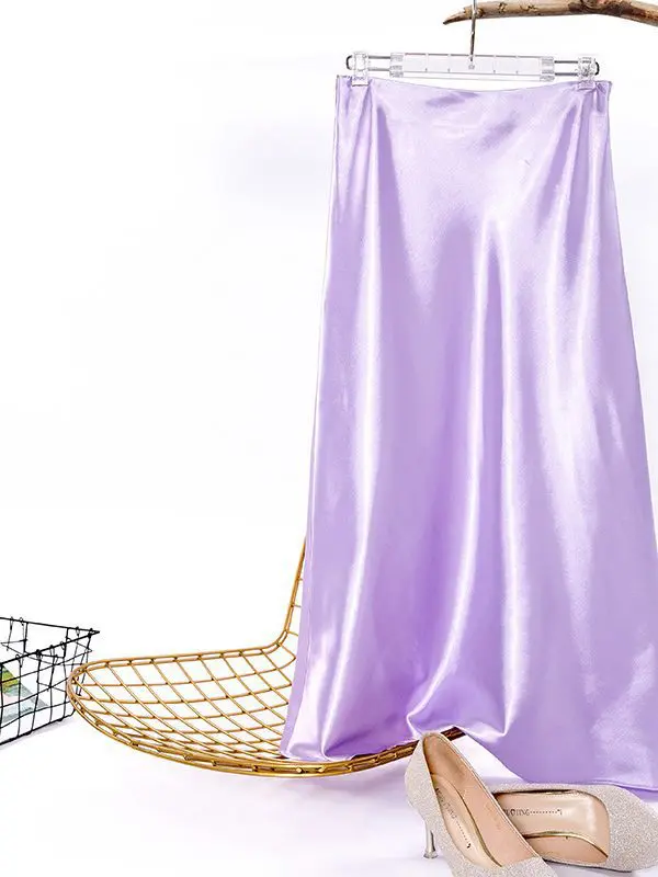 Satin Purple Mid Length High Waist Sheath A line Skirt in Skirts