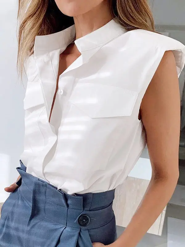 Sleeveless Shoulder Pad Slim Fit Shirt in Blouses & Shirts