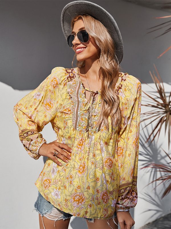 Lace Romantic Holiday Printed Babydoll Blouse in Blouses & Shirts
