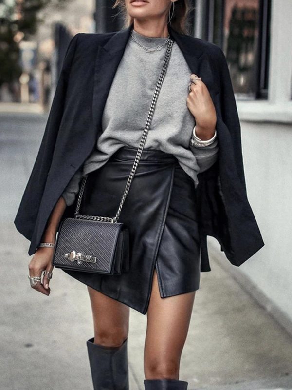 Irregular Asymmetric Stitching Leather Skirt in Skirts
