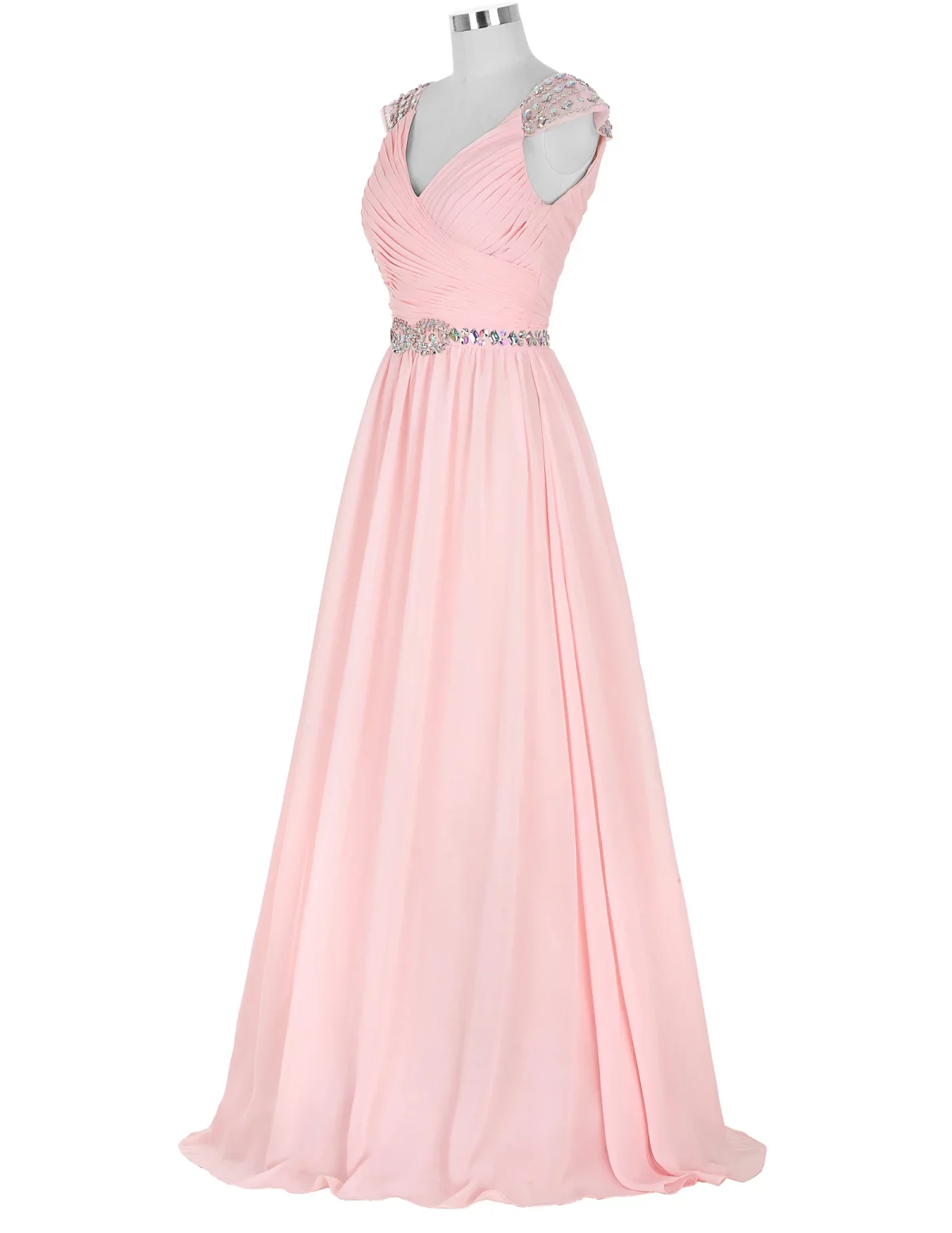 Pink Chiffon V Neck Beaded A Line Capped Sleeve Maid Of Honor Long Bridesmaid Dress in Bridesmaid dresses