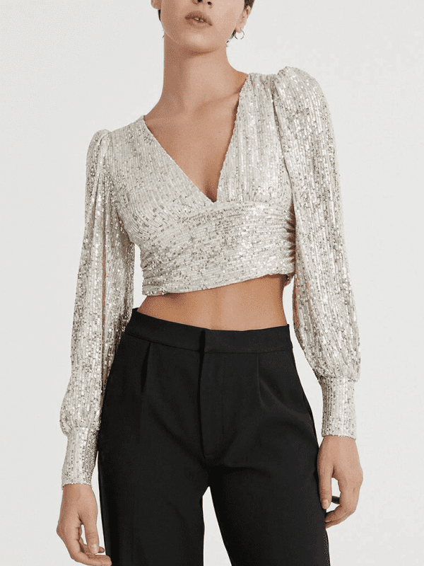 Party Puff Sleeve Sequined Long Sleeve Top in T-shirts & Tops