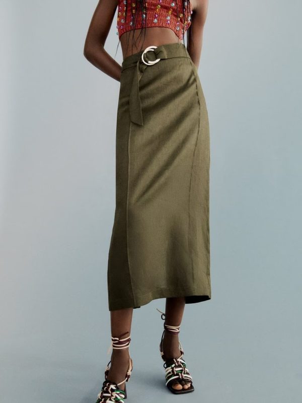 Cotton Linen Split Belt Skirt in Skirts