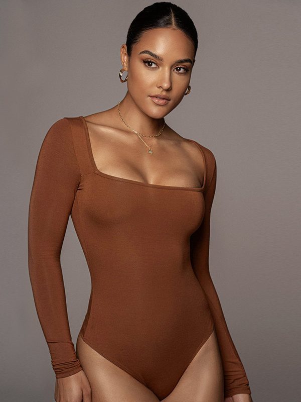 Sexy One-Piece Bottoming Tight Long Sleeve Square Neck Bodysuit in Bodysuits
