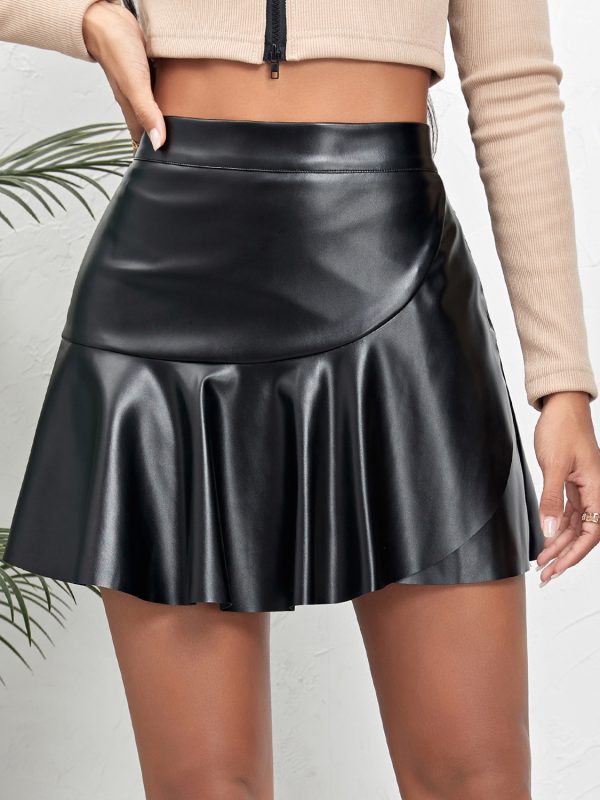 High Waist Ruffles Irregular Asymmetric Leather Skirt in Skirts