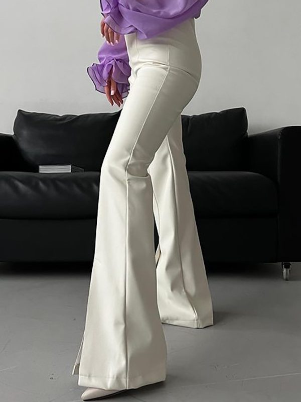 White Stitching Slit Sexy Tight Slightly Flared Leather Pants in Pants