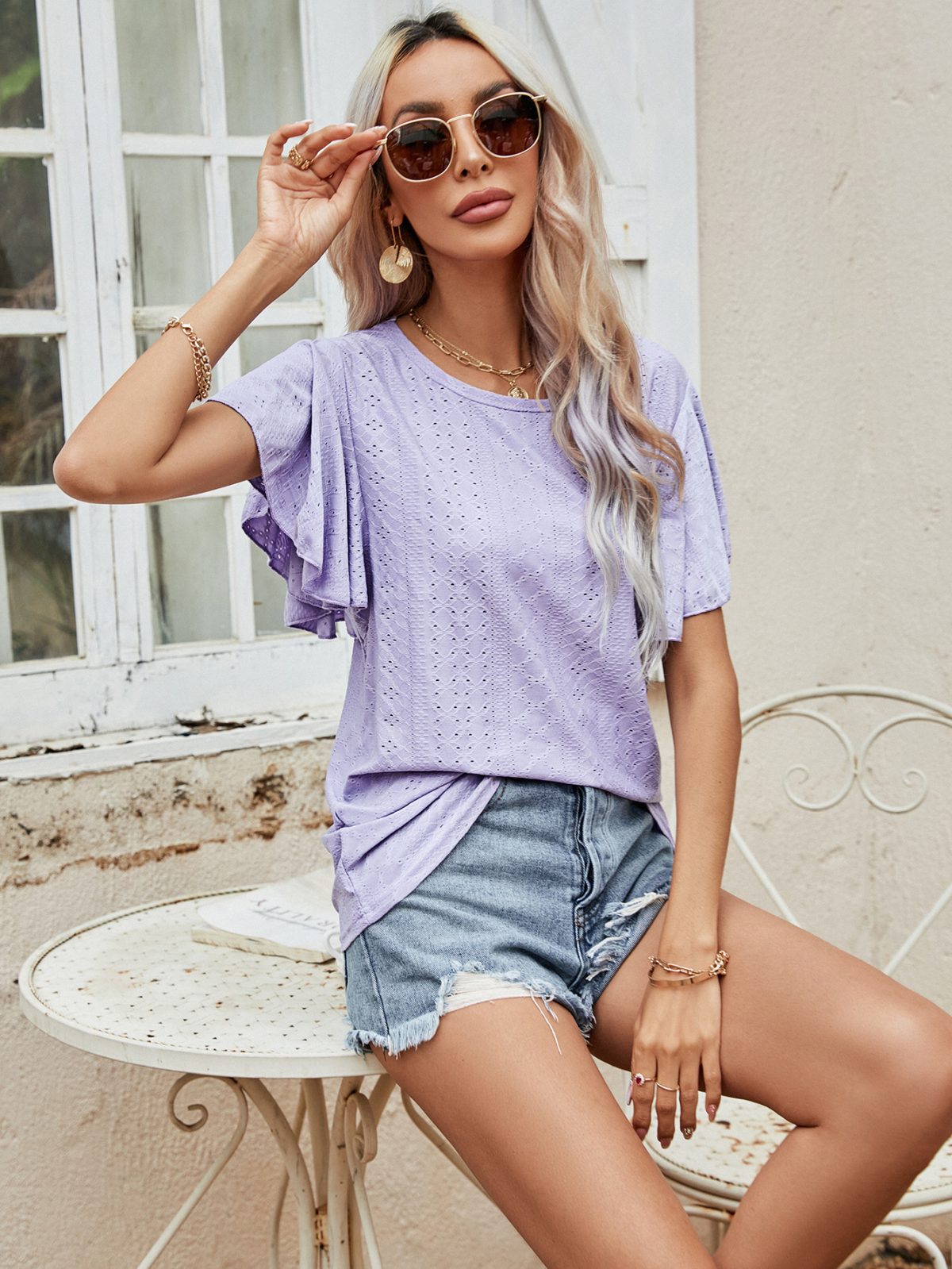 Hollow Out Cutout Out Round Neck Ruffle Sleeve Casual T-Shirt in T-shirts & Tops