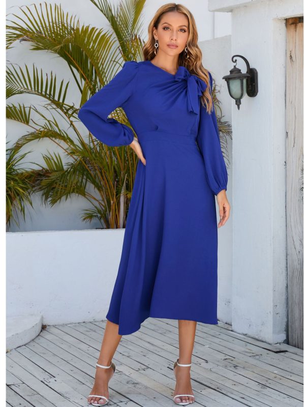 Long Sleeve Round Neck Bow A line Midi Dress in Dresses
