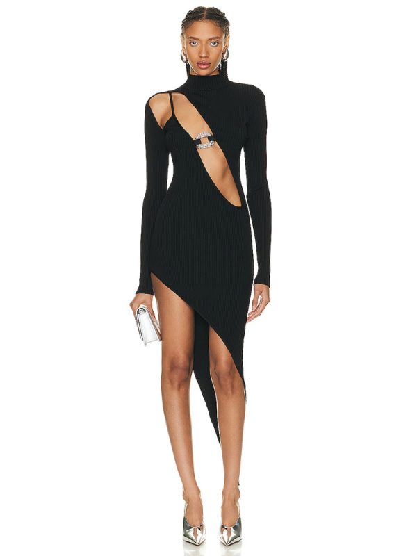 Black Long Sleeve Diamond Decorations Hollow Out Cutout Asymmetric Bandage Dress in Evening Dresses