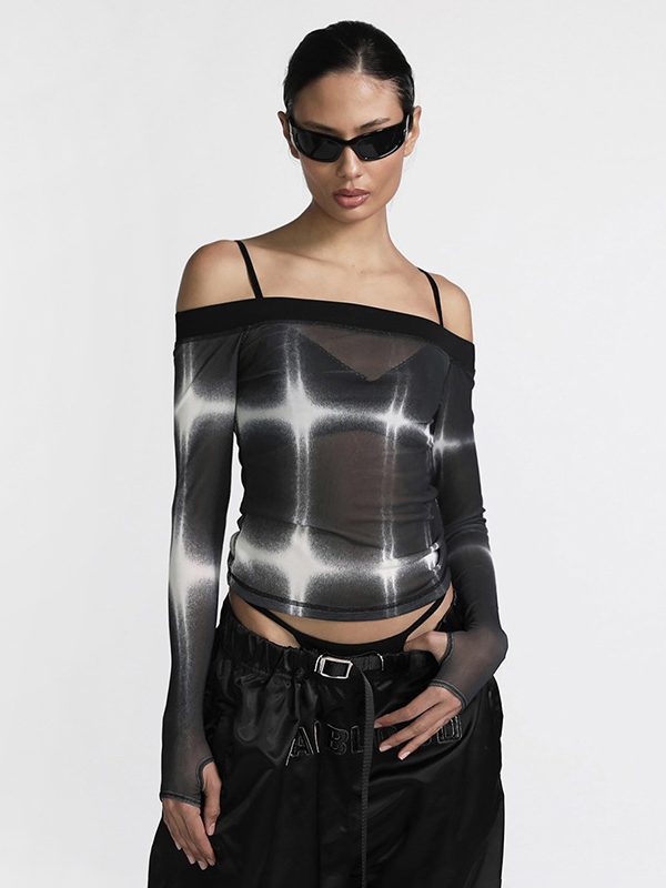 Trend 3D Printed Contrast Color Long Sleeves Short Mesh Top in T-shirts & Tops