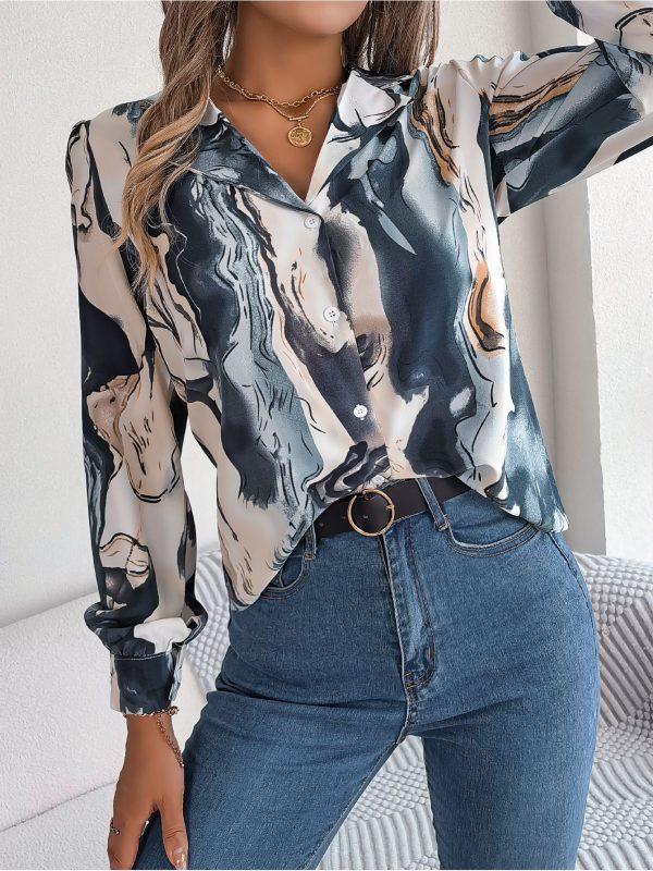 Casual Contrast Color Striped Collar Long Sleeve Shirt in Blouses & Shirts