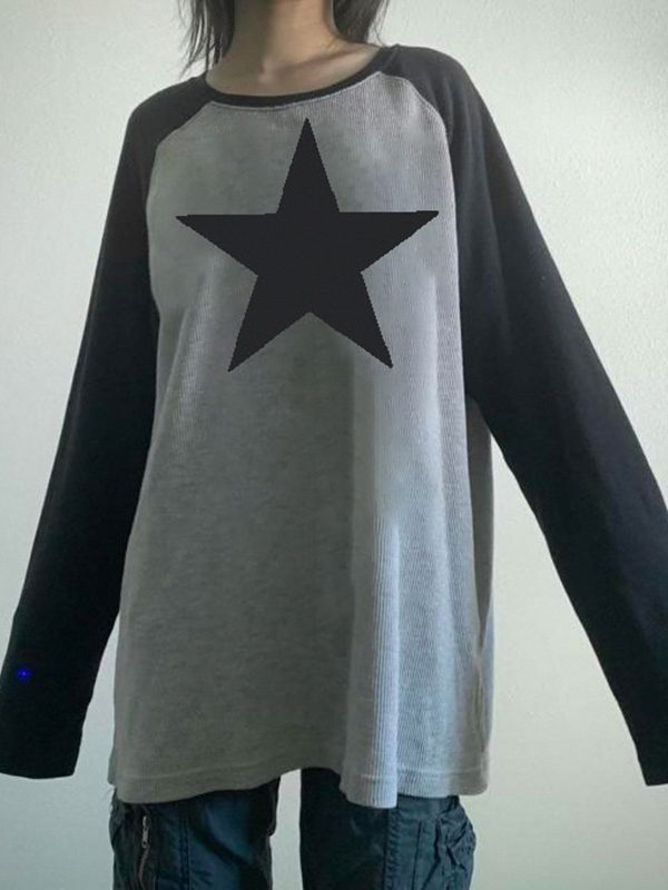 Five Pointed Star Retro Raglan Color Contrast Long Sleeve T-Shirt in T-shirts & Tops
