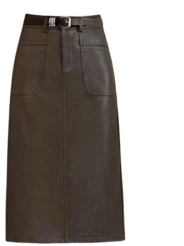 Split Pocket Design Office Leather Skirt in Skirts
