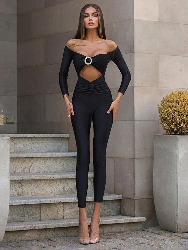 Long Sleeve Off Shoulder Hollow Out Cutout Slim Fit Sexy Jumpsuit in Jumpsuits & Rompers