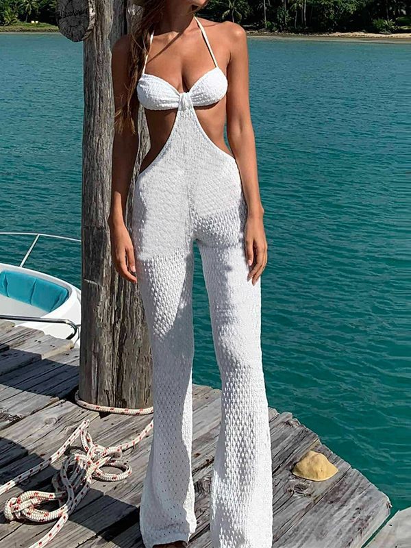 Beach Backless Lace Up Hollow Out Cutout Out Wide Leg Jumpsuit in Jumpsuits & Rompers