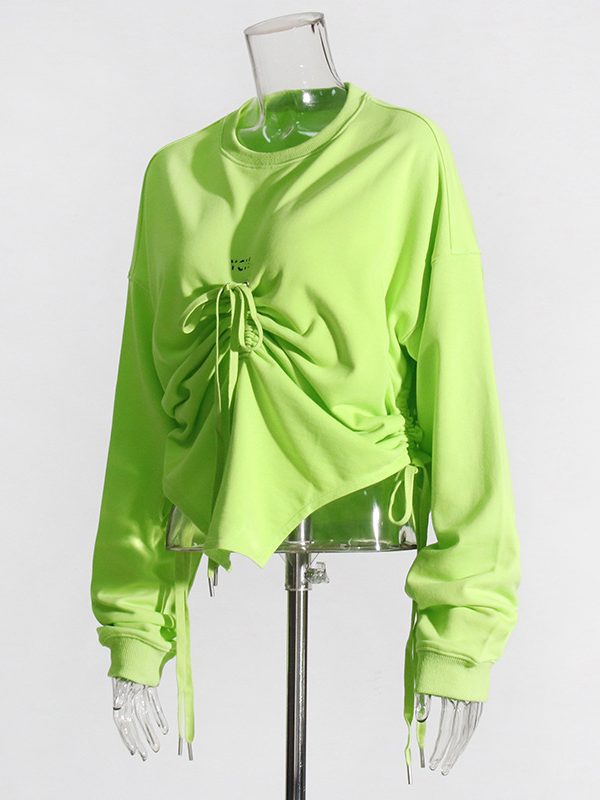 Pleating Lace Up Long Sleeve Solid Color Casual Sweatshirt in Hoodies & Sweatshirts