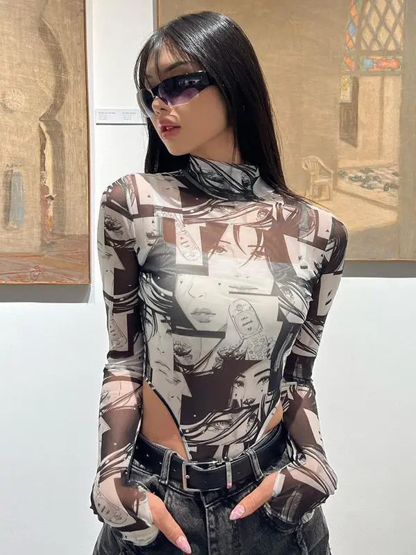 Street Cartoon Characters Printed Turtleneck Grenadine Stretch Tight Long Sleeve Bottoming Bodysuit in Bodysuits