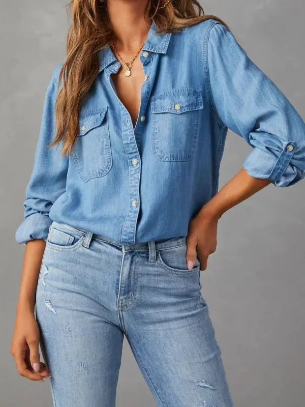 Denim Collared Single Breasted Long Sleeved Shirt in Blouses & Shirts
