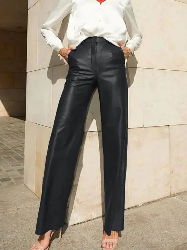 Faux Leather Mid High Waist Hip Lifting Straight Pants in Pants