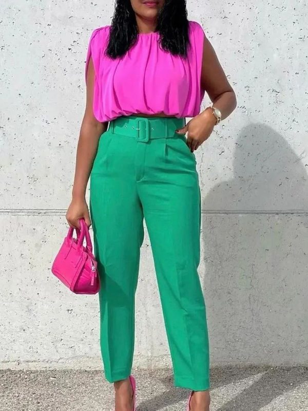 High Waist Ankle Banded Work Pant With Belt in Pants