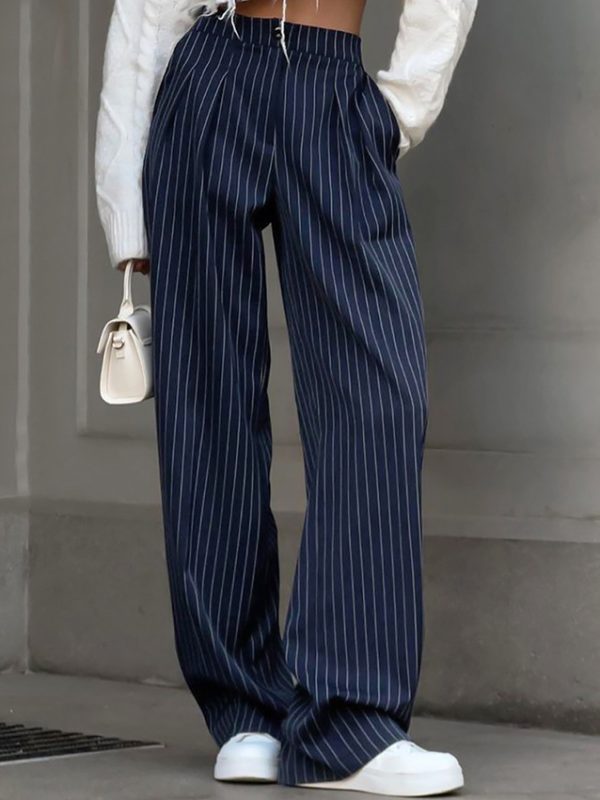 Navy Blue Retro Striped Casual Wide Leg Pants in Pants