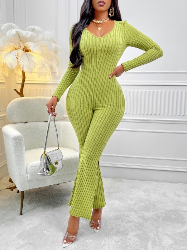 Round Neck Waist Trimming Sexy Long Sleeve Jumpsuit in Jumpsuits & Rompers
