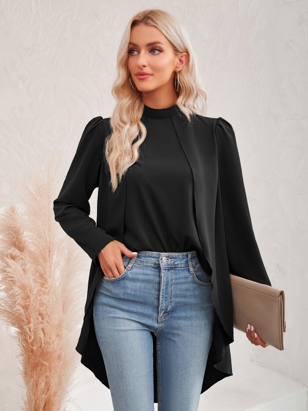 Casual Solid Color Half Collar Long Sleeve False Two Piece Shirt in Blouses & Shirts