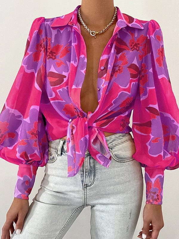 Bubble Sleeve Collared Long Sleeve Printed Shirt in Blouses & Shirts