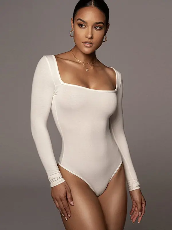 Sexy One-Piece Bottoming Tight Long Sleeve Square Neck Bodysuit in Bodysuits