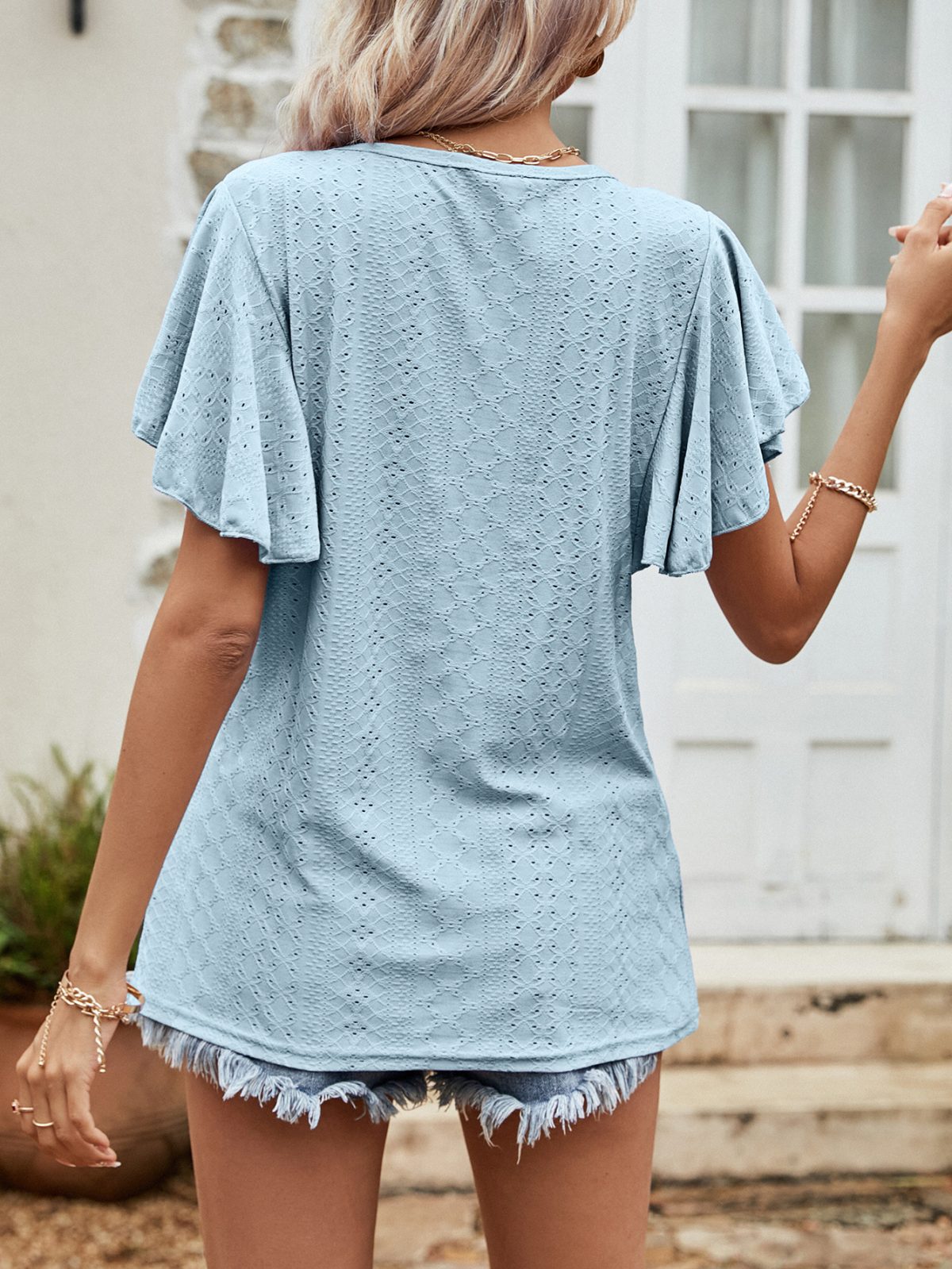 Hollow Out Cutout Out Round Neck Ruffle Sleeve Casual T-Shirt in T-shirts & Tops
