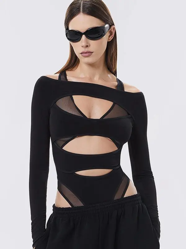 Long Sleeve Hollow Out Cutout Out Slim Fit Cropped Bodysuit in Bodysuits