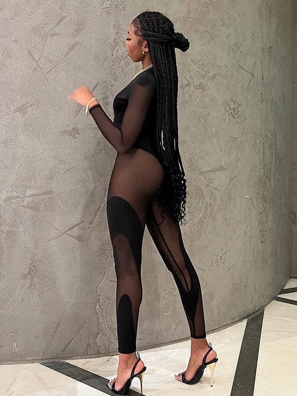 Sexy Mesh Stitching See Through Long Sleeve Jumpsuit in Jumpsuits & Rompers