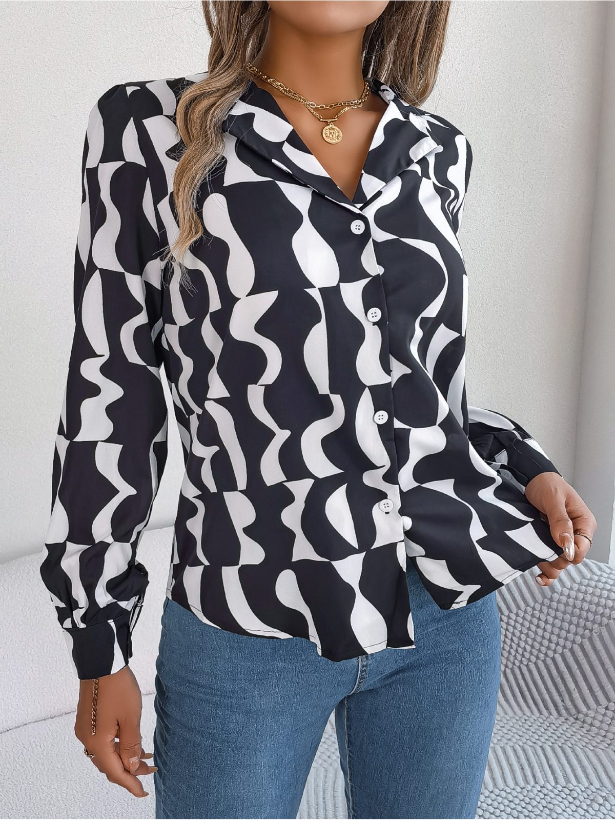 Commuting Elegant Contrast Color Striped Collar Long Sleeve Shirt in Blouses & Shirts