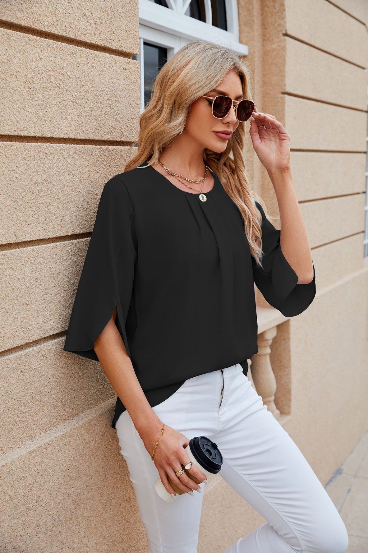 Solid Color round Neck Half Sleeve Short Sleeve Loose Chiffon Shirt in Blouses & Shirts