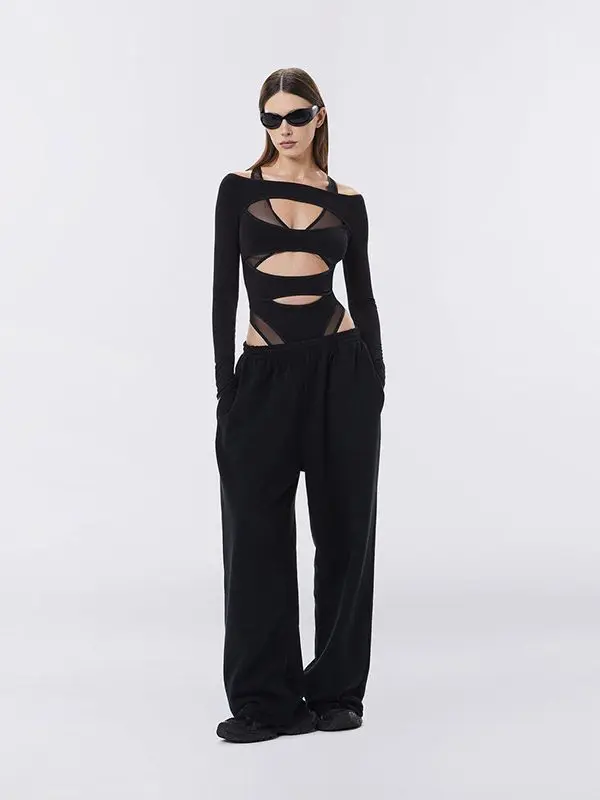 Long Sleeve Hollow Out Cutout Out Slim Fit Cropped Bodysuit in Bodysuits