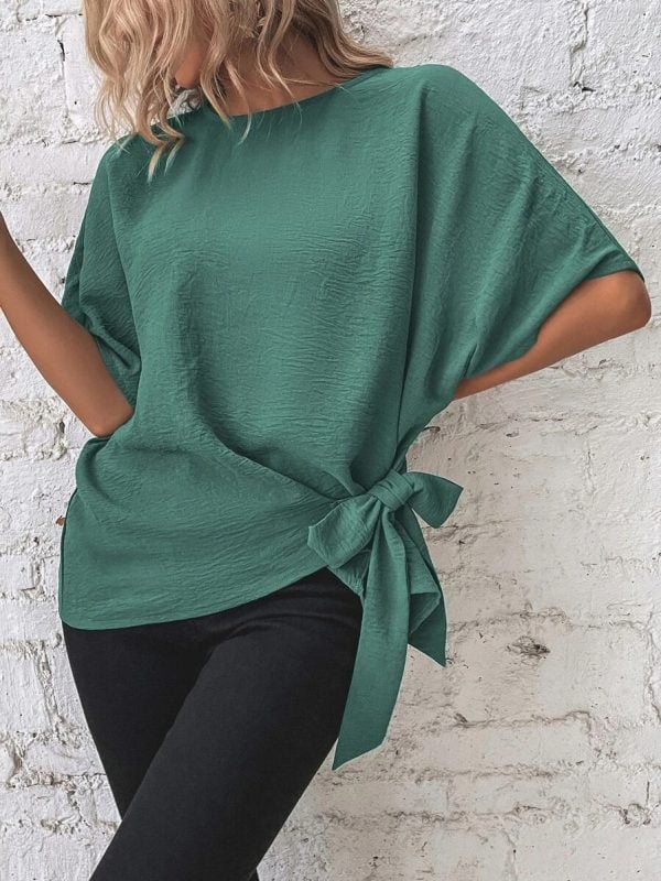 Summer Solid Color Batwing Sleeve Knotted Loose Blouse in Blouses & Shirts