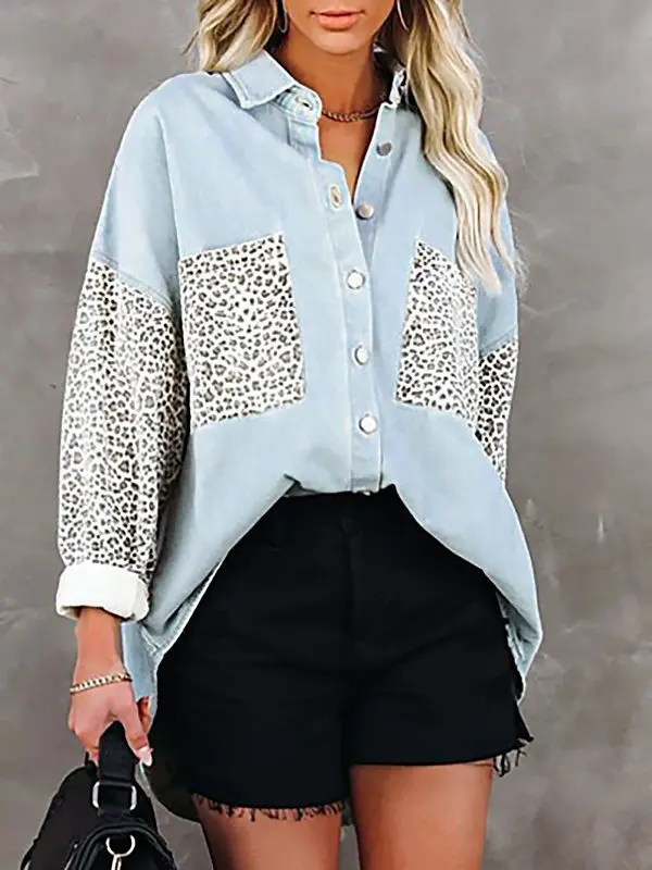 Long Sleeve Pocket Leopard Print Printing Collared Cardigan Shirt in Blouses & Shirts