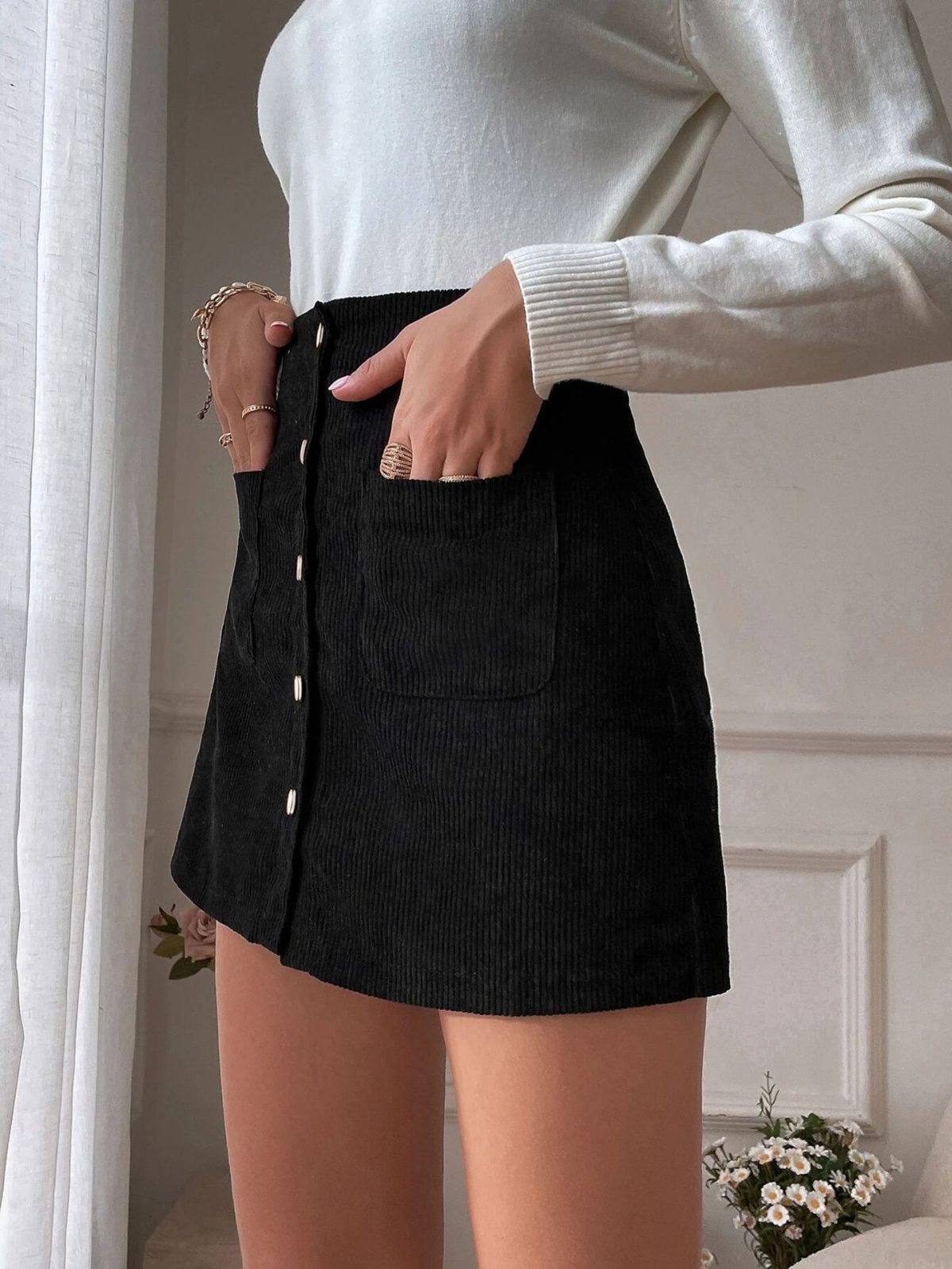 Corduroy Single Breasted Slim Fit Solid Hip Skirt in Skirts