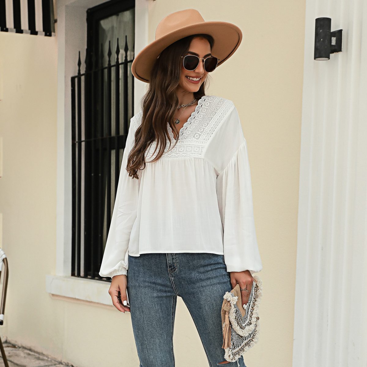 Solid Color Lantern Sleeve Chiffon Shirt in Blouses & Shirts
