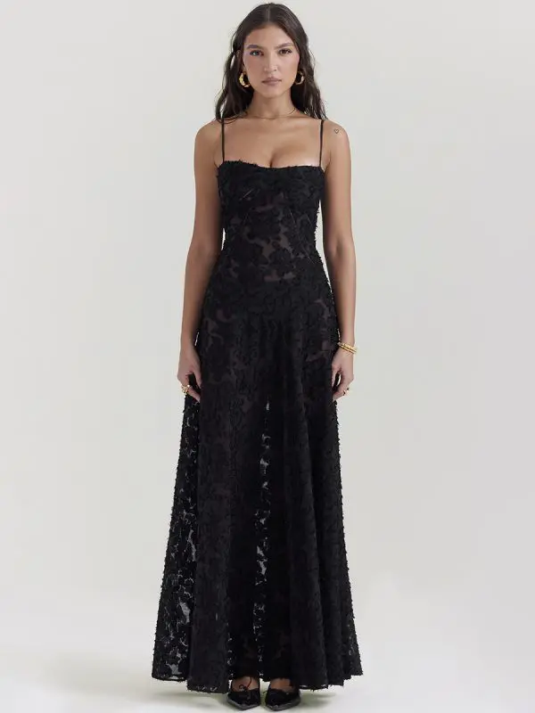 Black See through Cami Backless Maxi Evening Dress in Evening Dresses