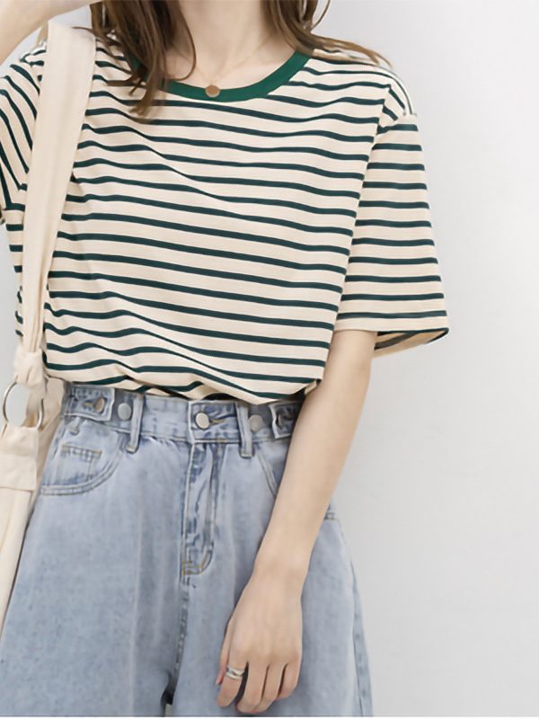 Short Sleeved Thin Loose Cotton Green Striped T-shirt in T-shirts & Tops