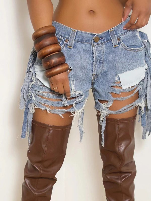 High Waist Ripped Washed Hole Tassel Shorts in Shorts