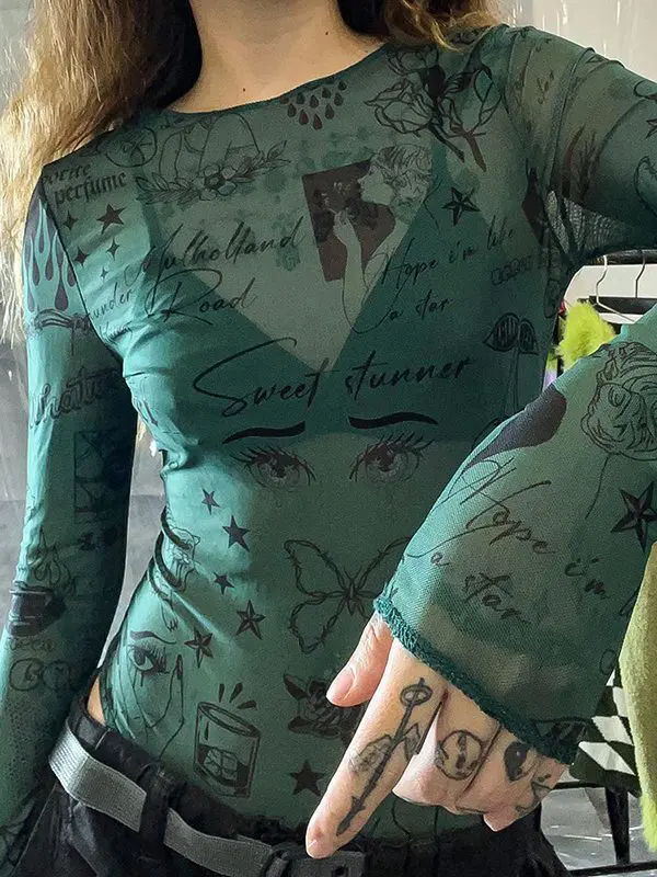 Retro Printed Mesh Transparent Bodysuit in Bodysuits