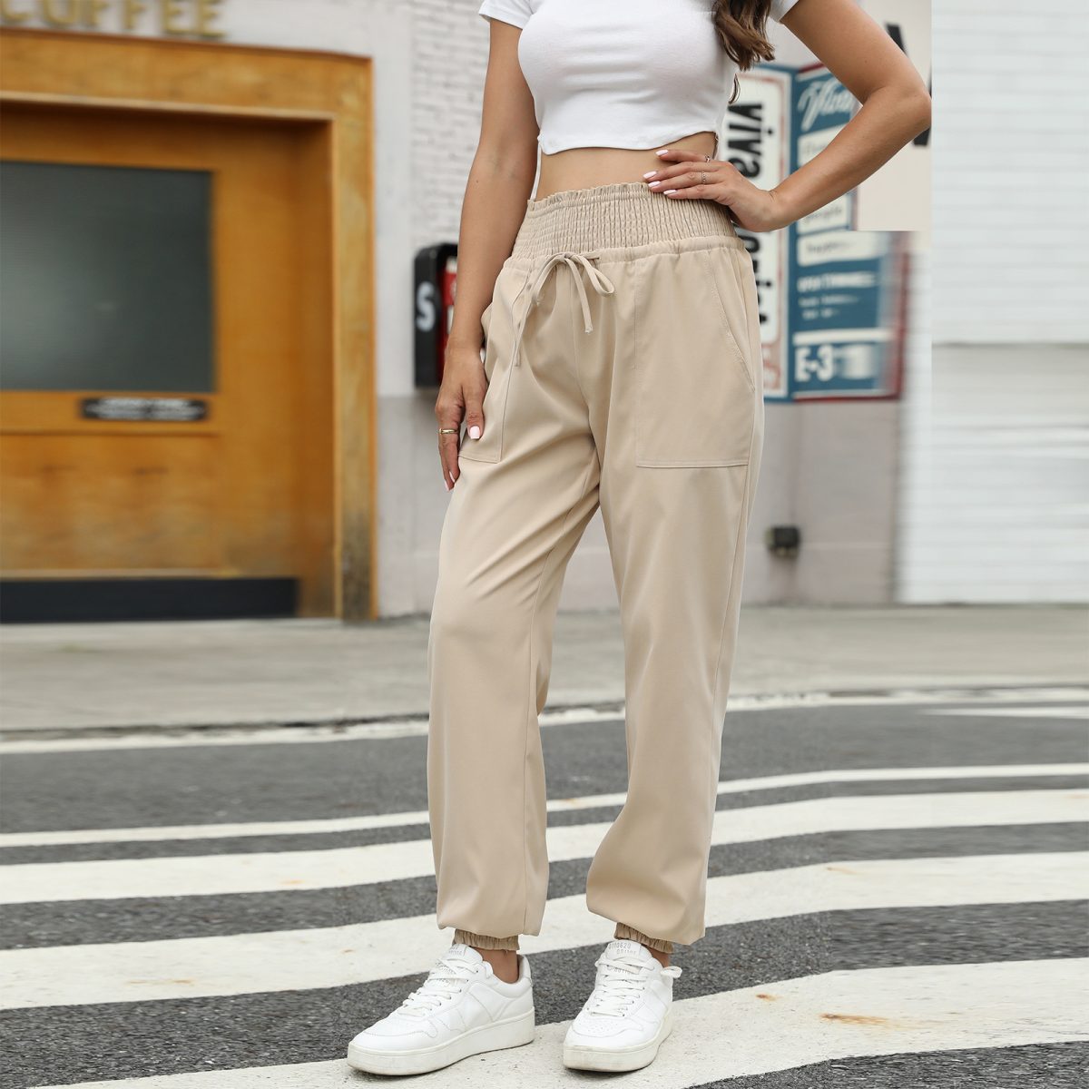 Elastic Solid Color Ankle Banded High Waist Lace Up Pants in Pants