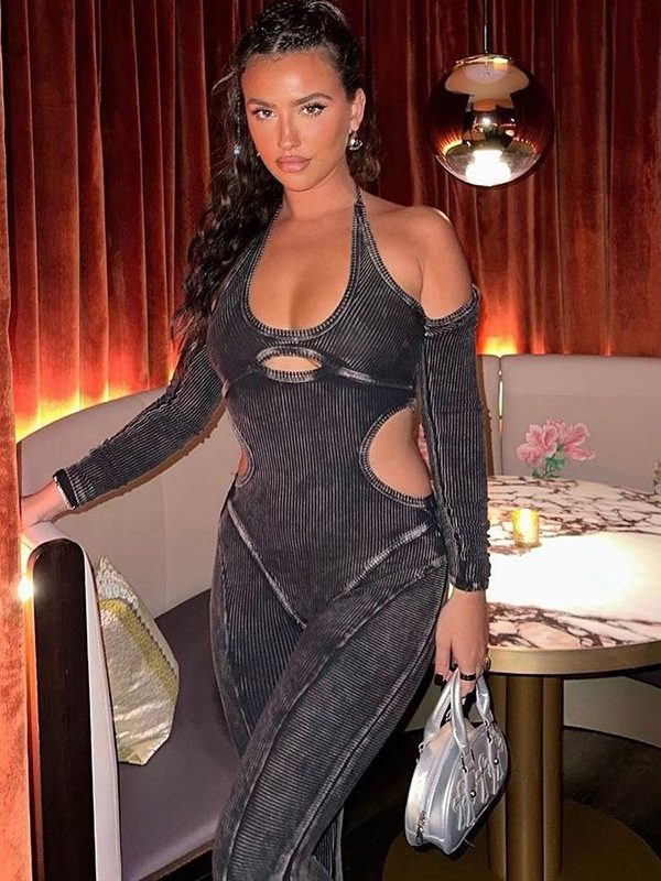 Sexy Backless Halter Low Collar Hollow Out Cutout Long Sleeve Slim Fit One Piece Jumpsuit in Jumpsuits & Rompers
