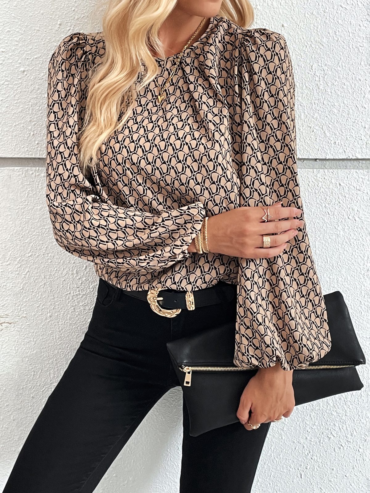 Printed Pleated Collar Lantern Sleeve French Elegant Blouse in Blouses & Shirts